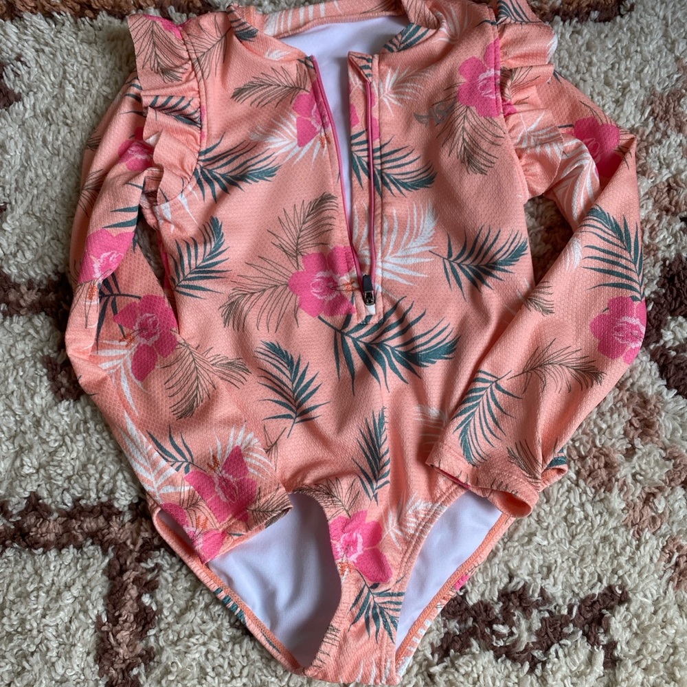 Peach Floral Ruffled Long Sleeve One-Piece Swimsuit